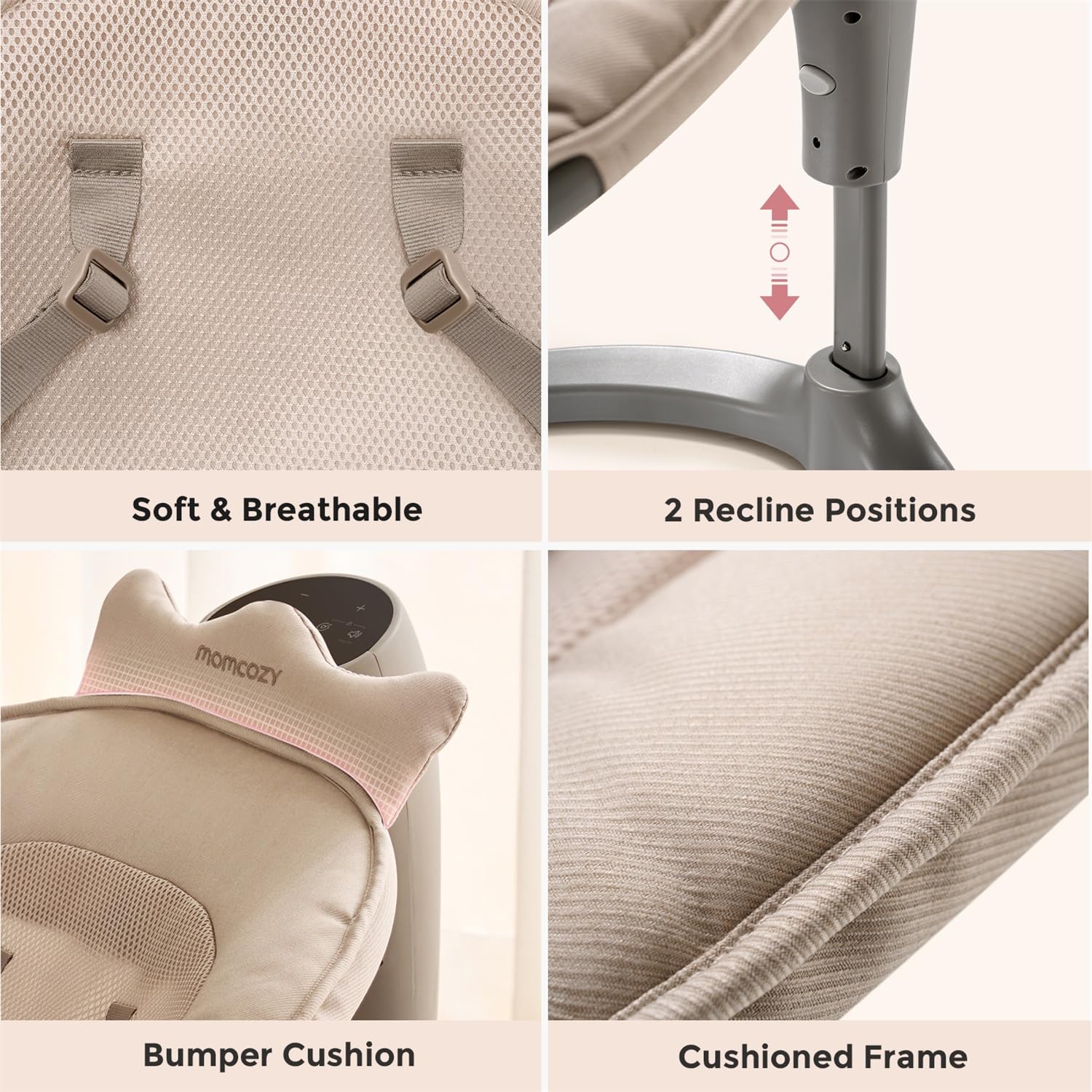 Momcozy breathable mesh seat fabric emphasizes cooling comfort for longer sessions.