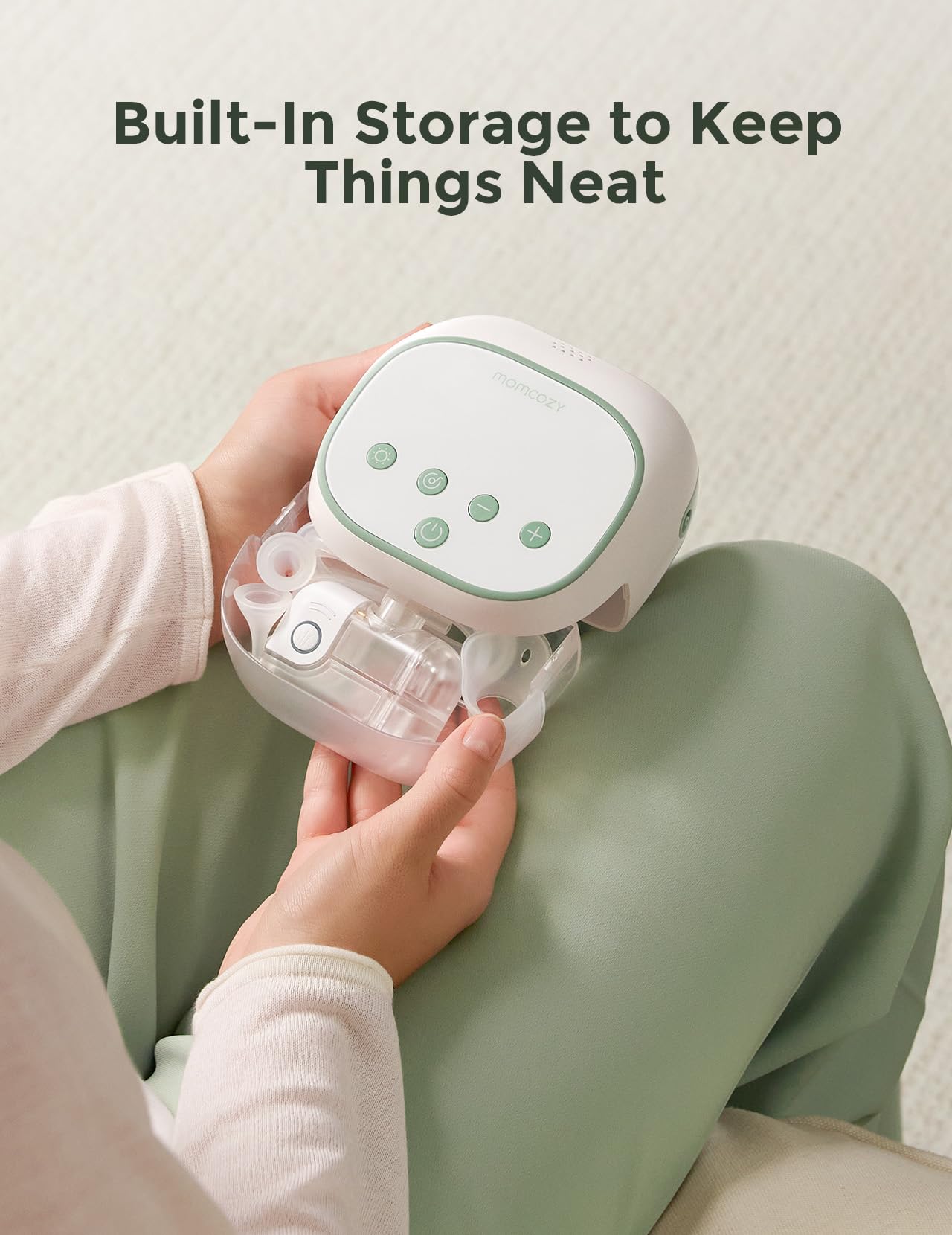 Momcozy BreezyClear Pro built-in storage keeps small parts organized and within reach.