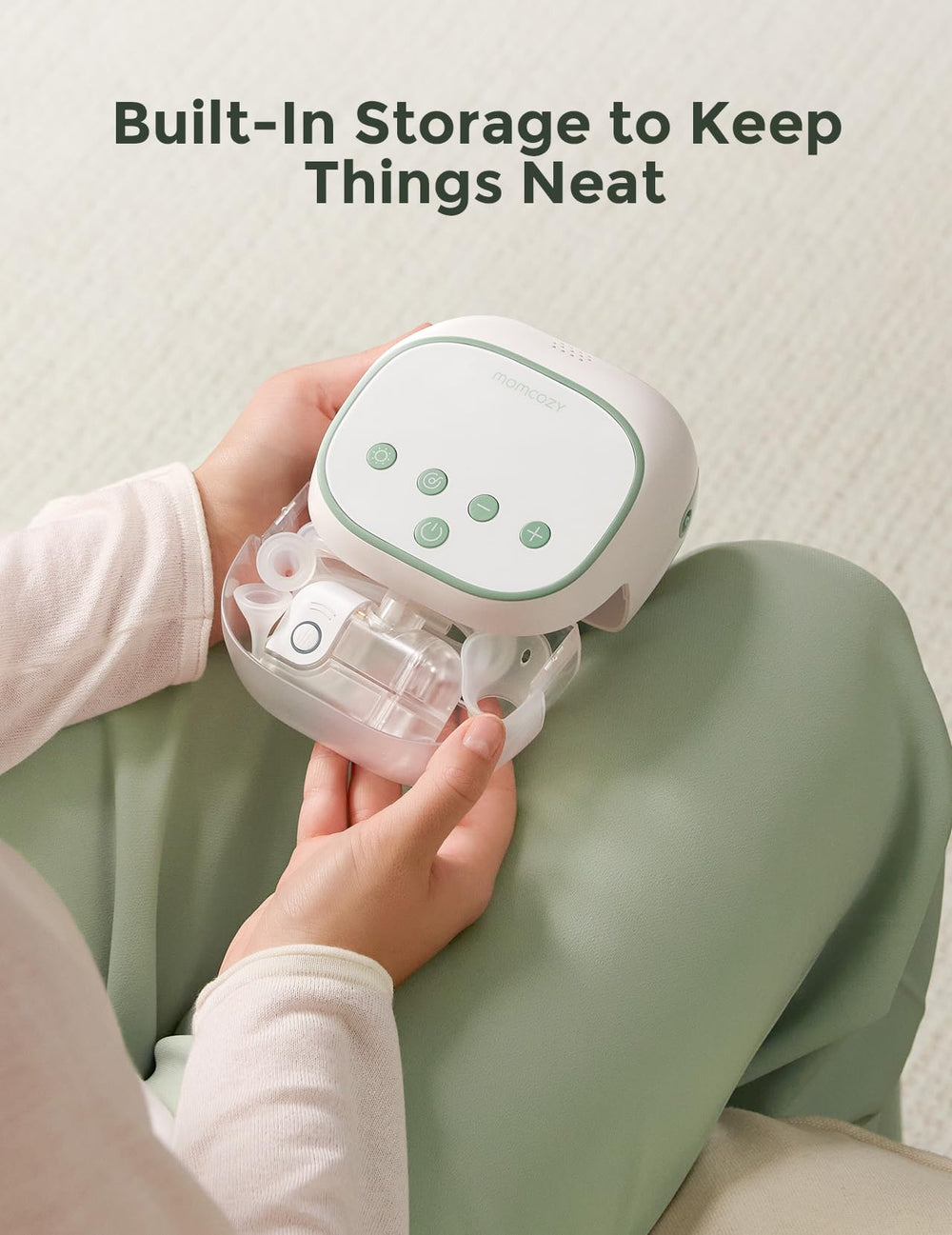 Momcozy BreezyClear Pro built-in storage keeps small parts organized and within reach.