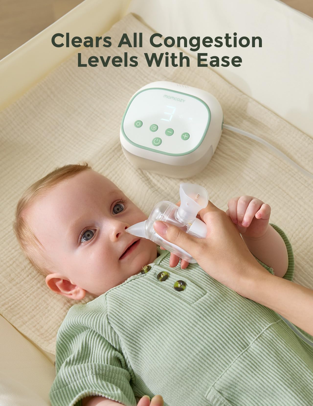 Momcozy BreezyClear Pro low-noise operation with calming music supports relaxed booger removal.