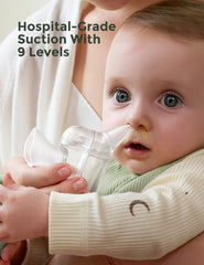 Momcozy BreezyClear Pro water-tank moistening shows mucus loosening before suction for smoother cleaning.