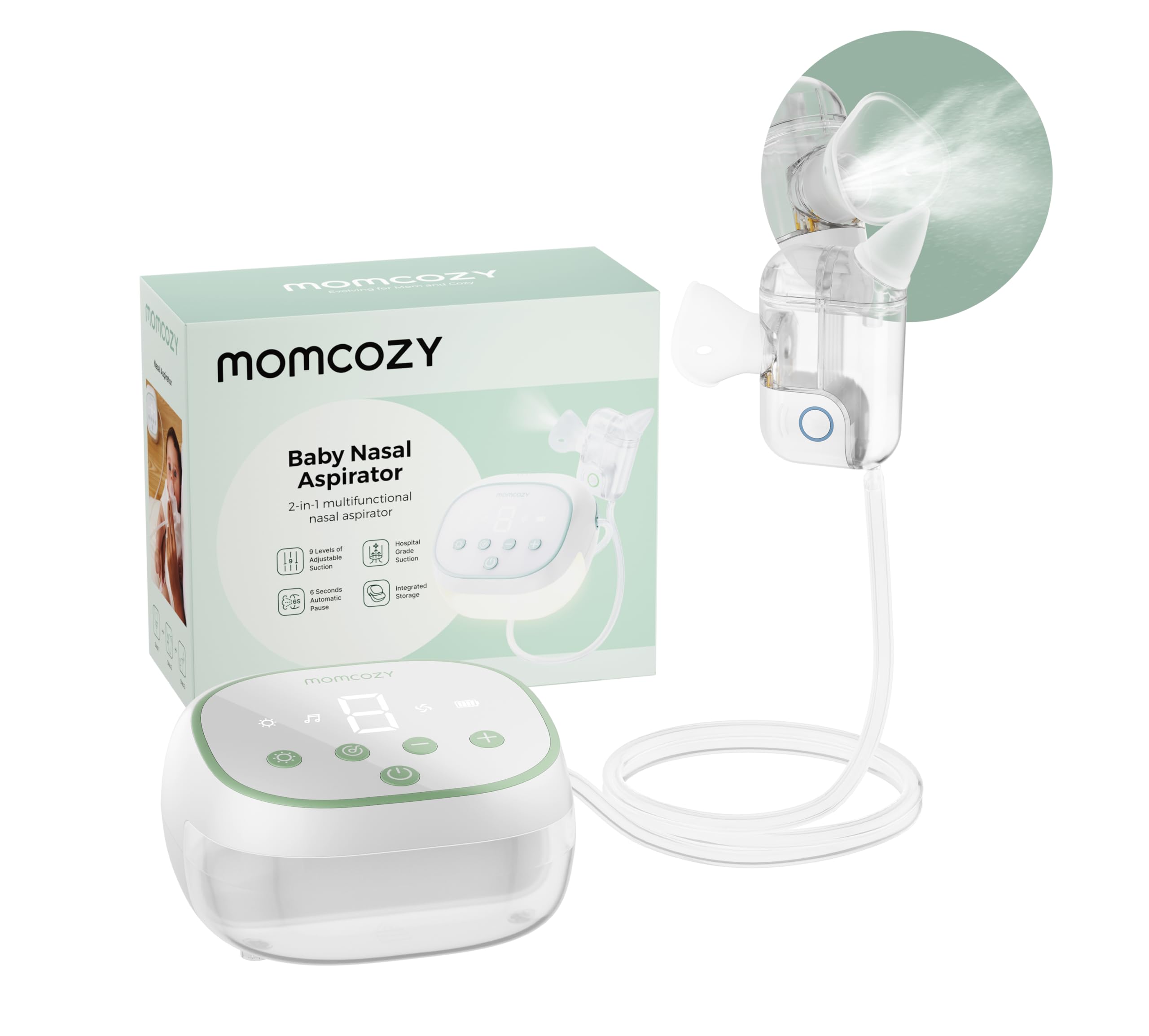 Momcozy BreezyClear Pro nasal aspirator unboxing shows premium design and hospital-grade suction potential.