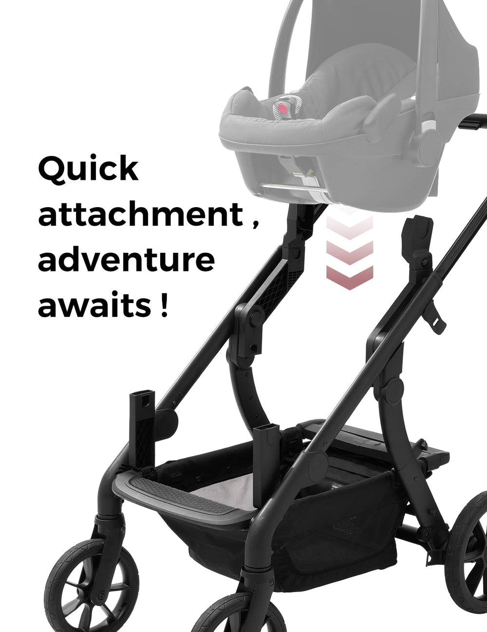 Momcozy ChangeGo adapter installs tool-free for quick stroller transitions.