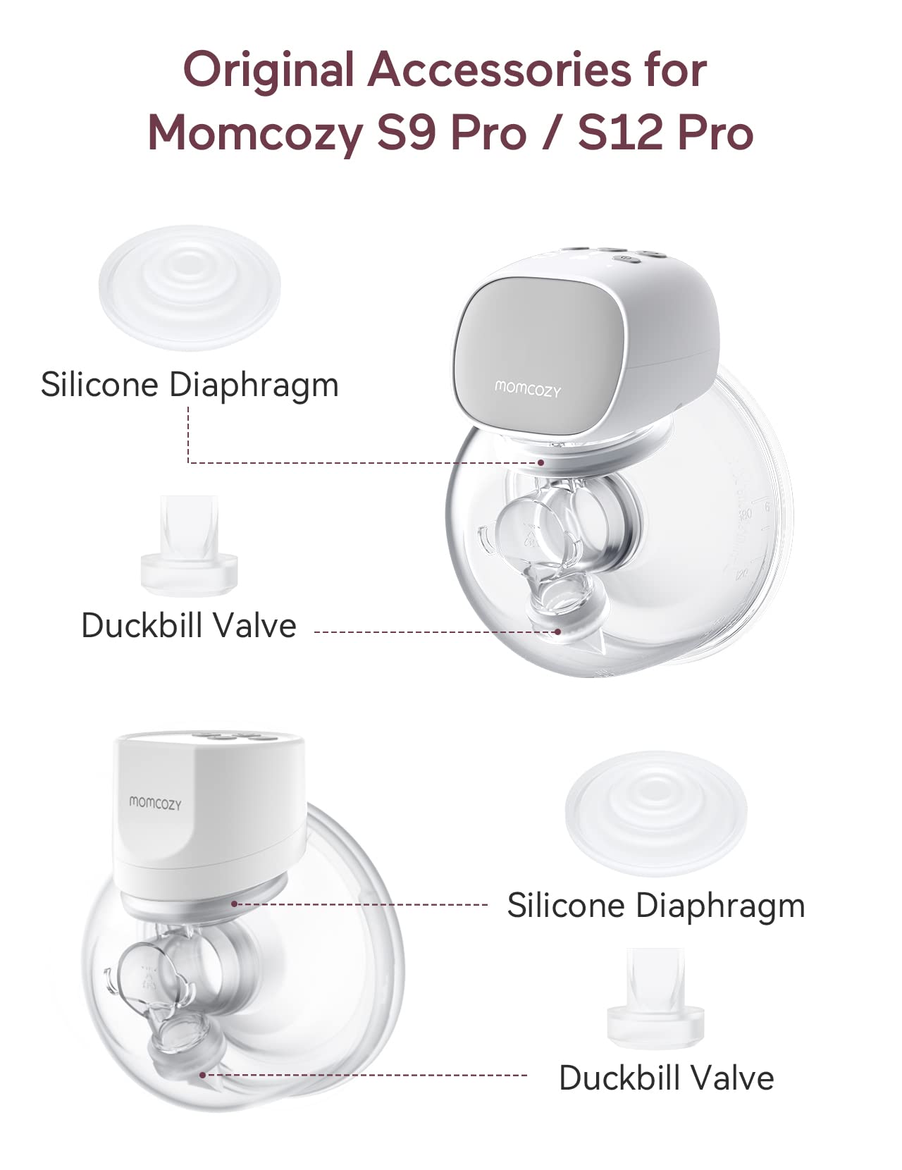 Momcozy cleaning guidance image showing warm soapy water for pump parts.