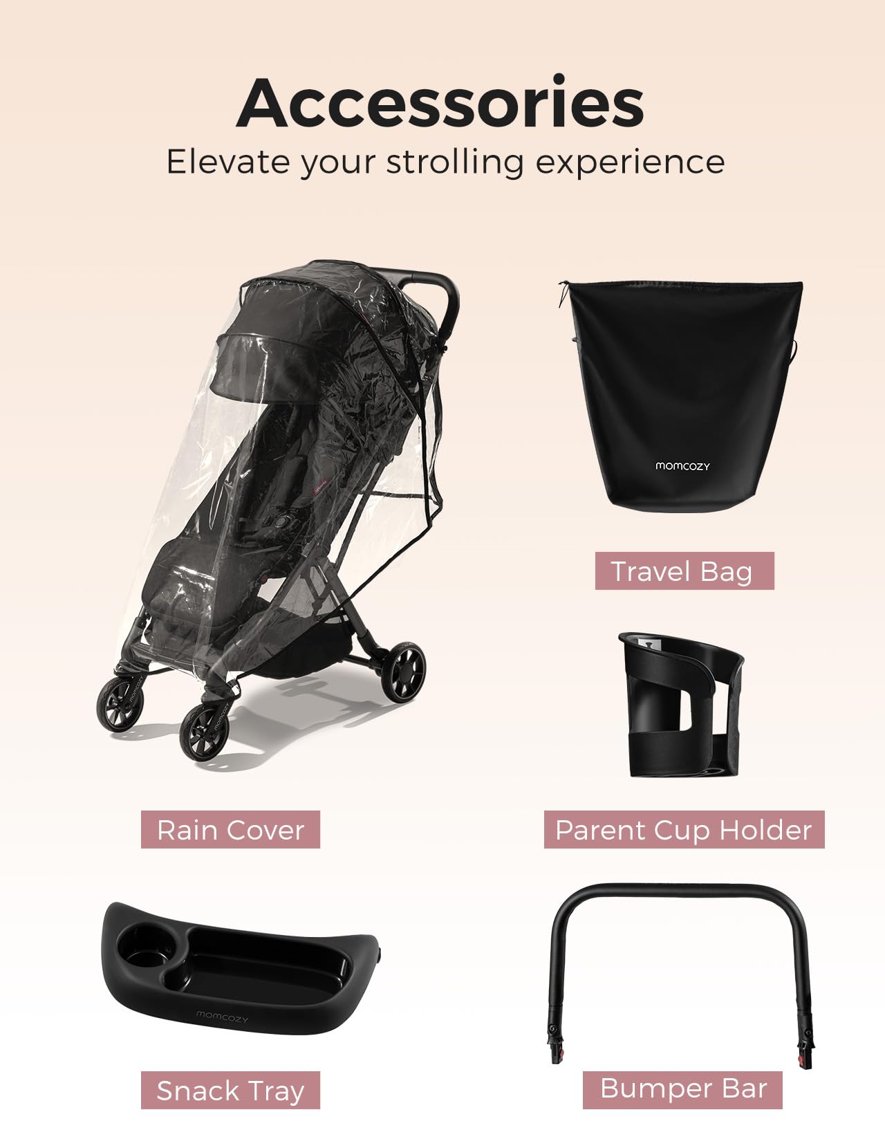 Momcozy ClickGo includes snack tray, rain cover, travel bag for convenient outings.