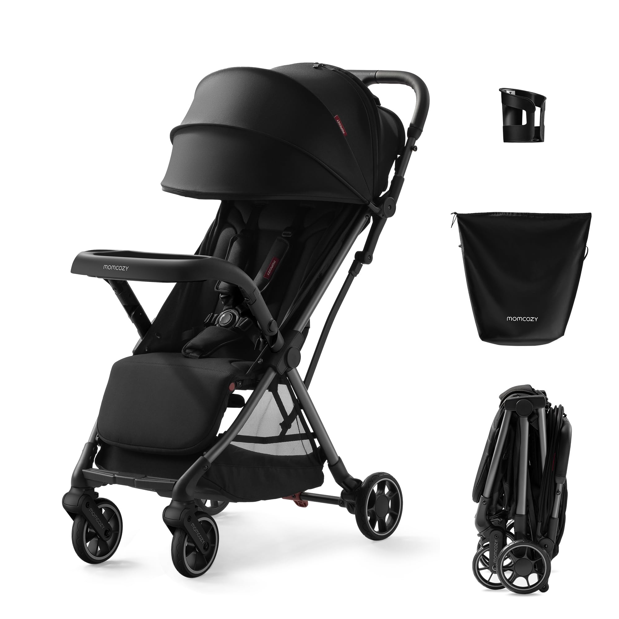 Momcozy ClickGo folded stroller compact for easy storage.
