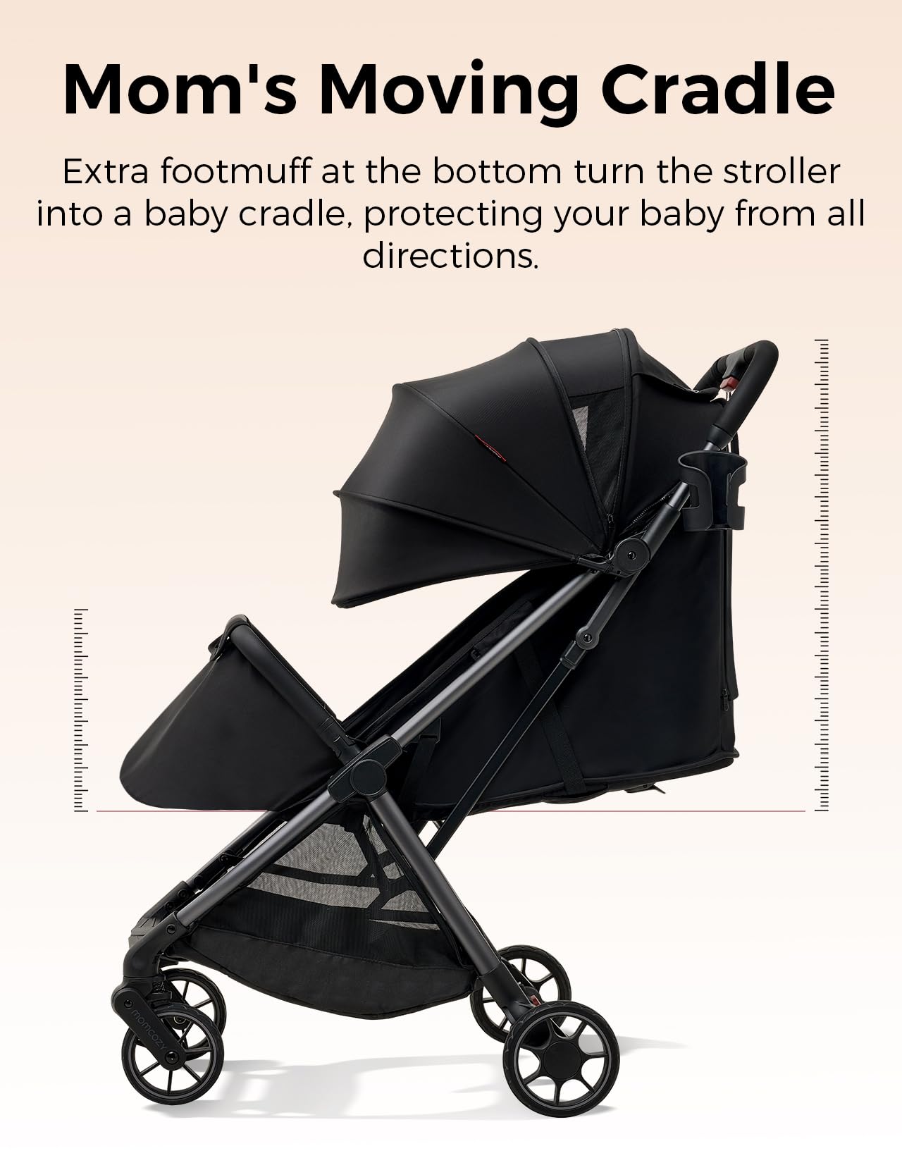 Momcozy ClickGo front wheels 360-degree swivel for smooth steering.