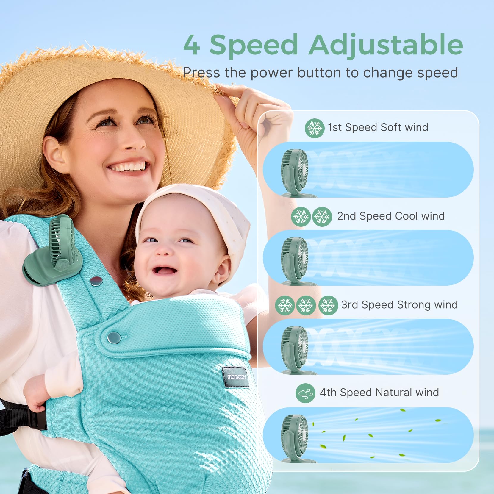 Momcozy clip-rotating fan demonstrates 360-degree adjustability for precise airflow.
