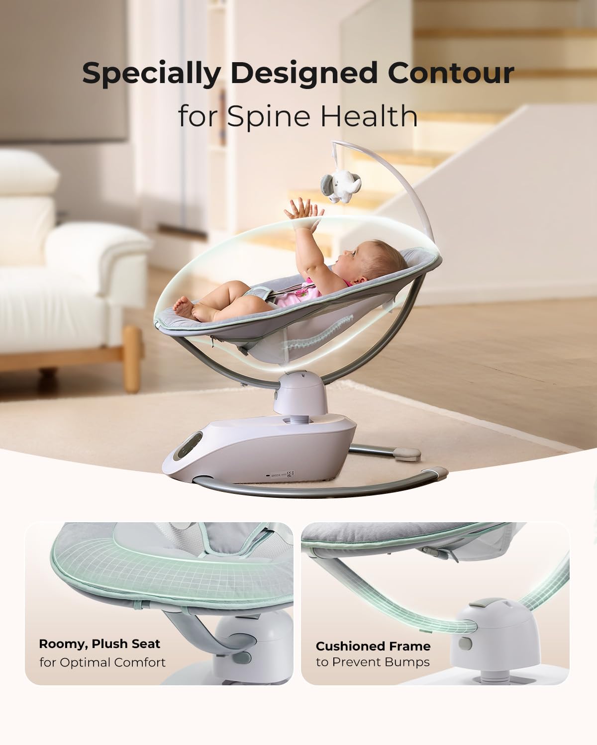 Momcozy CocoSway bouncing motion aids gentle settling and rhythm.
