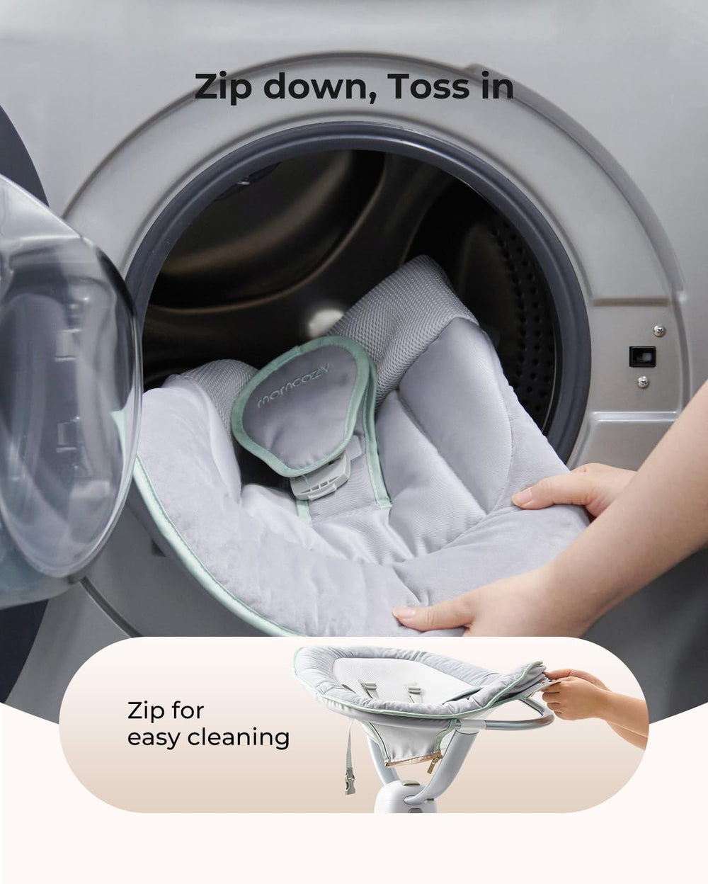 Momcozy CocoSway emits soft white noise for peaceful baby ambience.