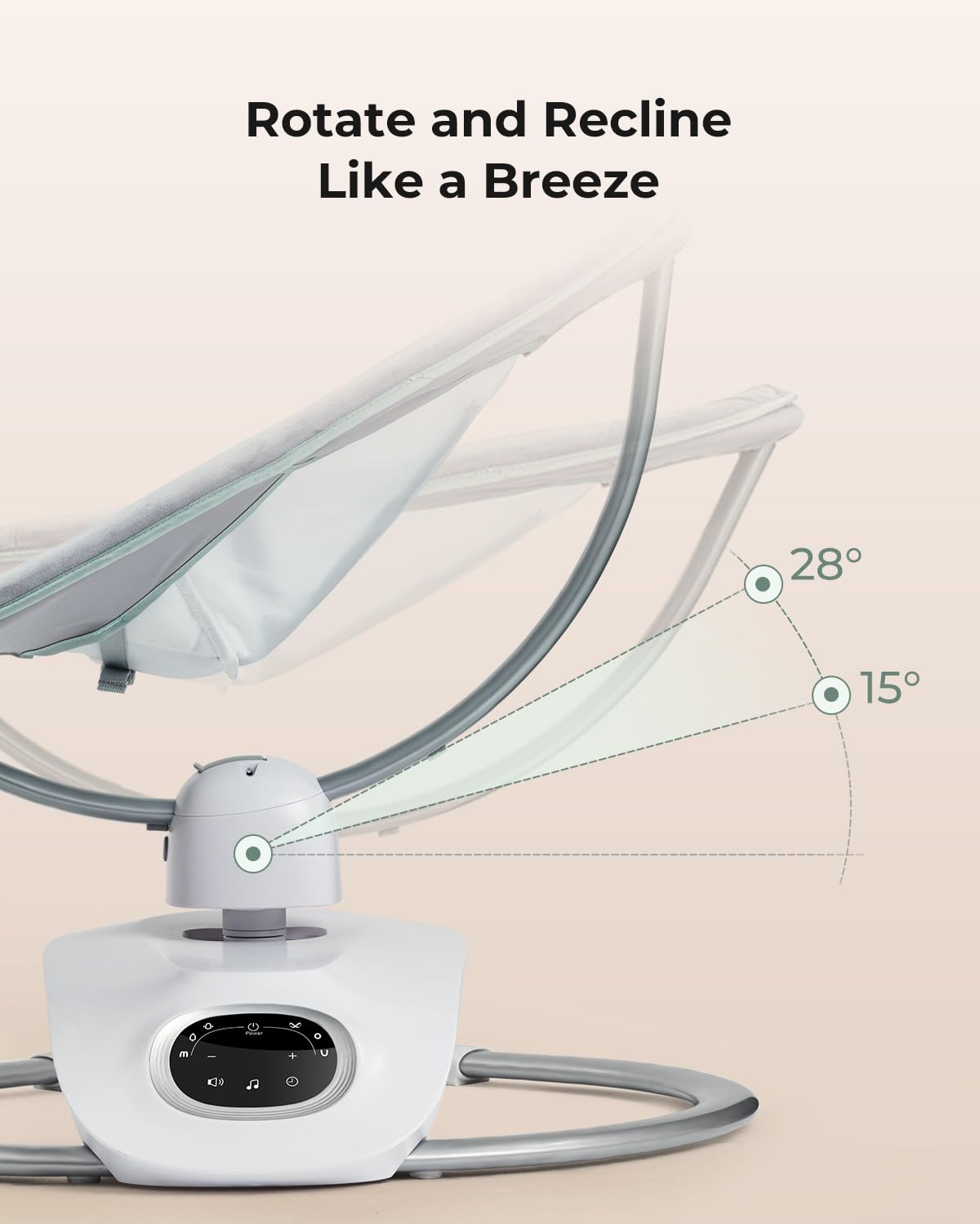 Momcozy CocoSway reclining seat enables comfortable nap or playtime.
