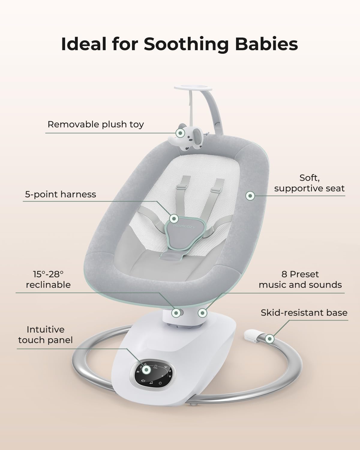 Momcozy CocoSway removable, machine-washable cover simplifies cleanup.