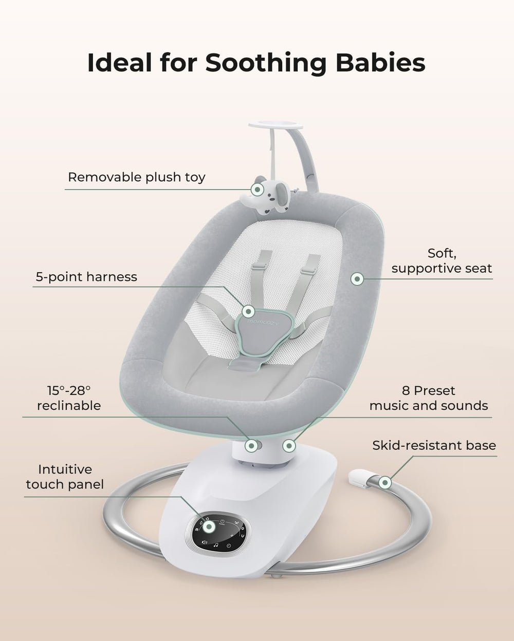 Momcozy CocoSway removable, machine-washable cover simplifies cleanup.