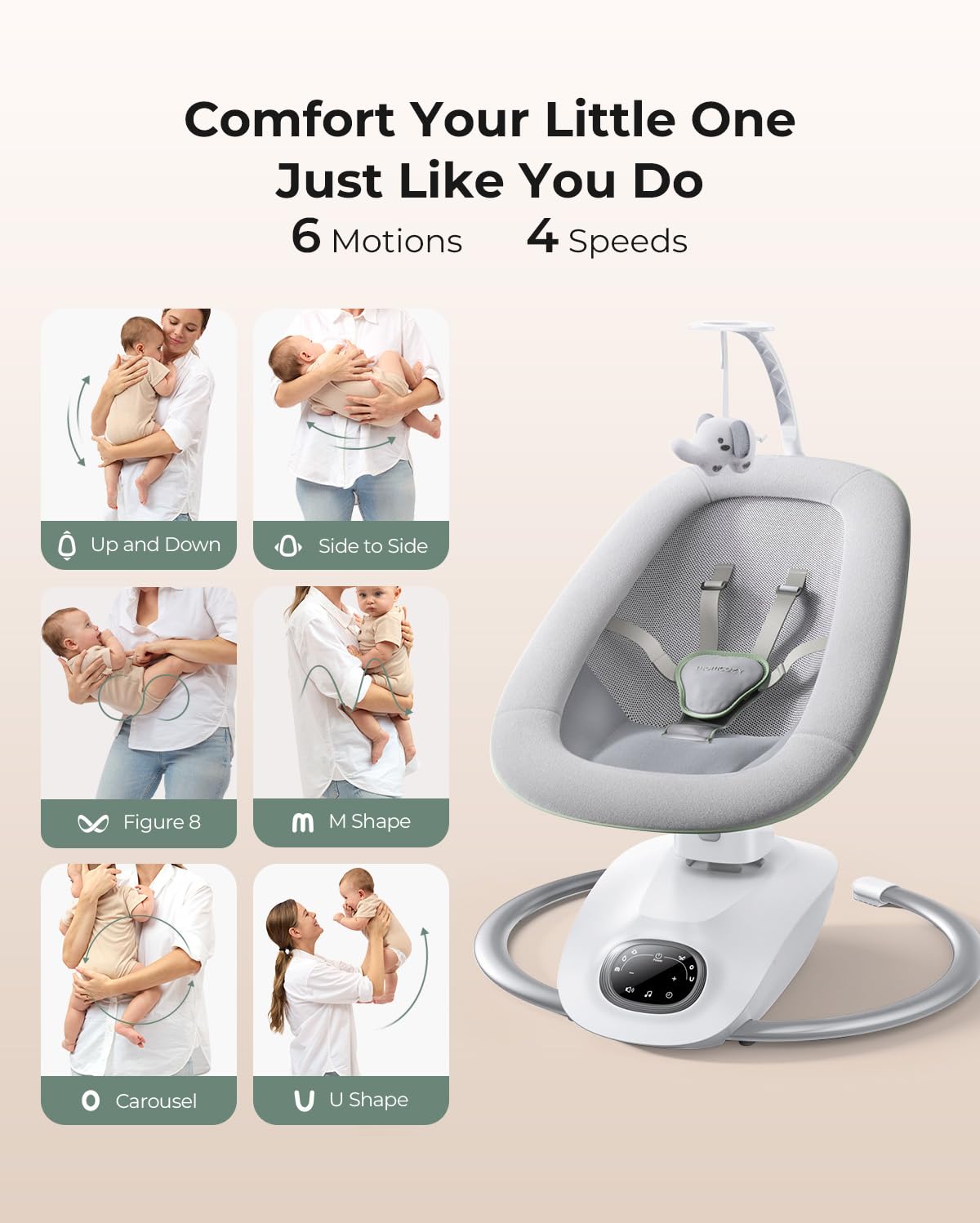 Momcozy CocoSway side-sway motion demonstrates comforting sway for calm moments.