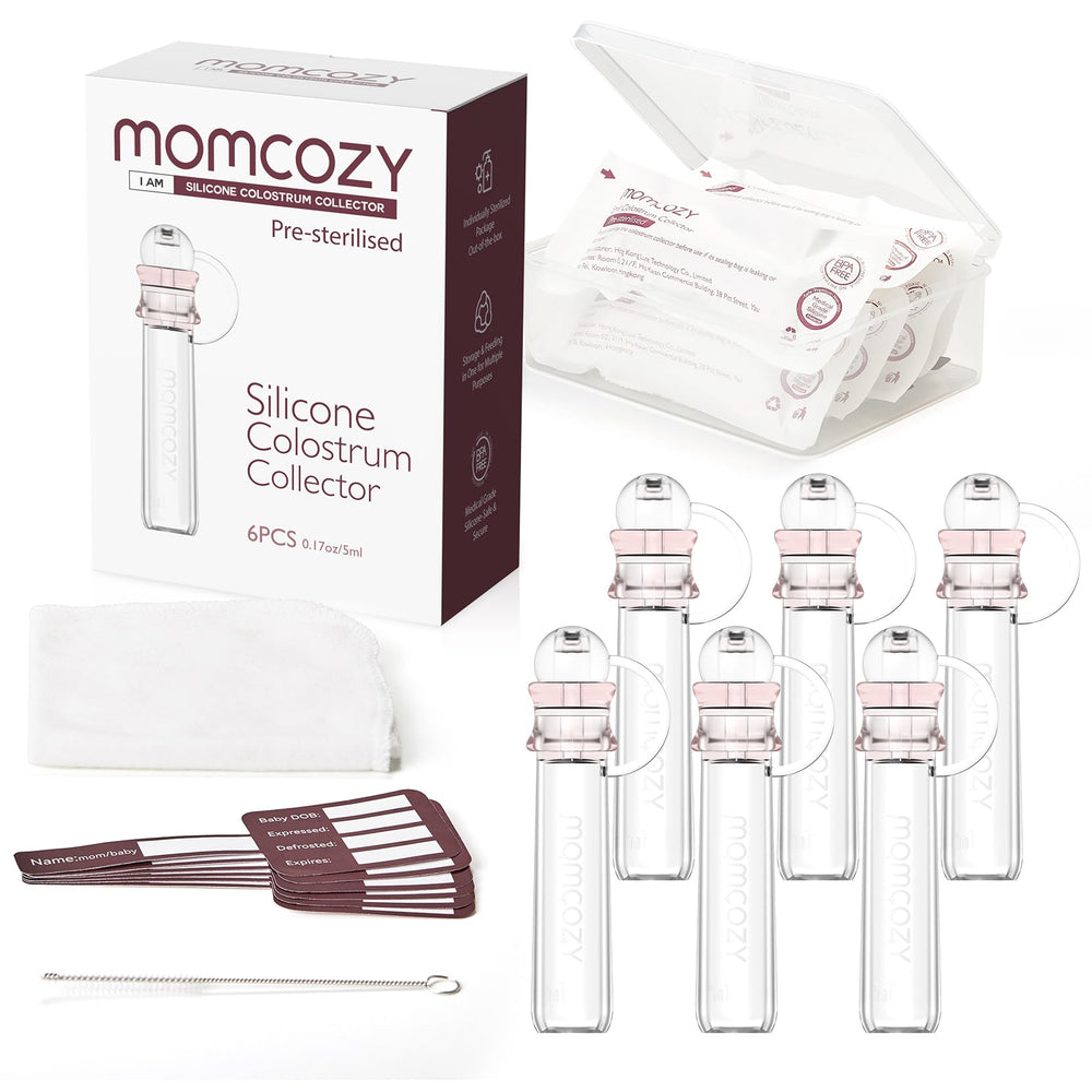 Momcozy colostrum collector shows a 5ml cylindrical design for easy on-the-go collection.