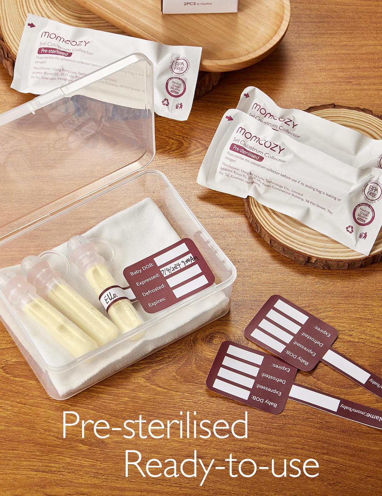 Momcozy colostrum collector multi-use set supports storage, feeding, and travel solutions.