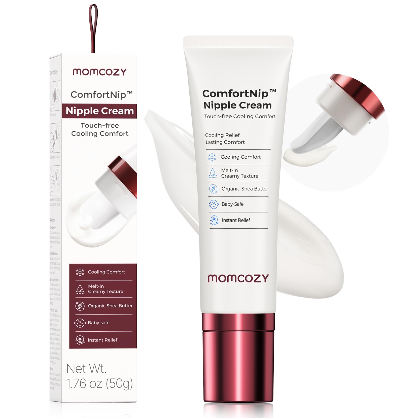 Momcozy ComfortNip ceramic cooling tip close-up delivering instant relief for sensitive nipples