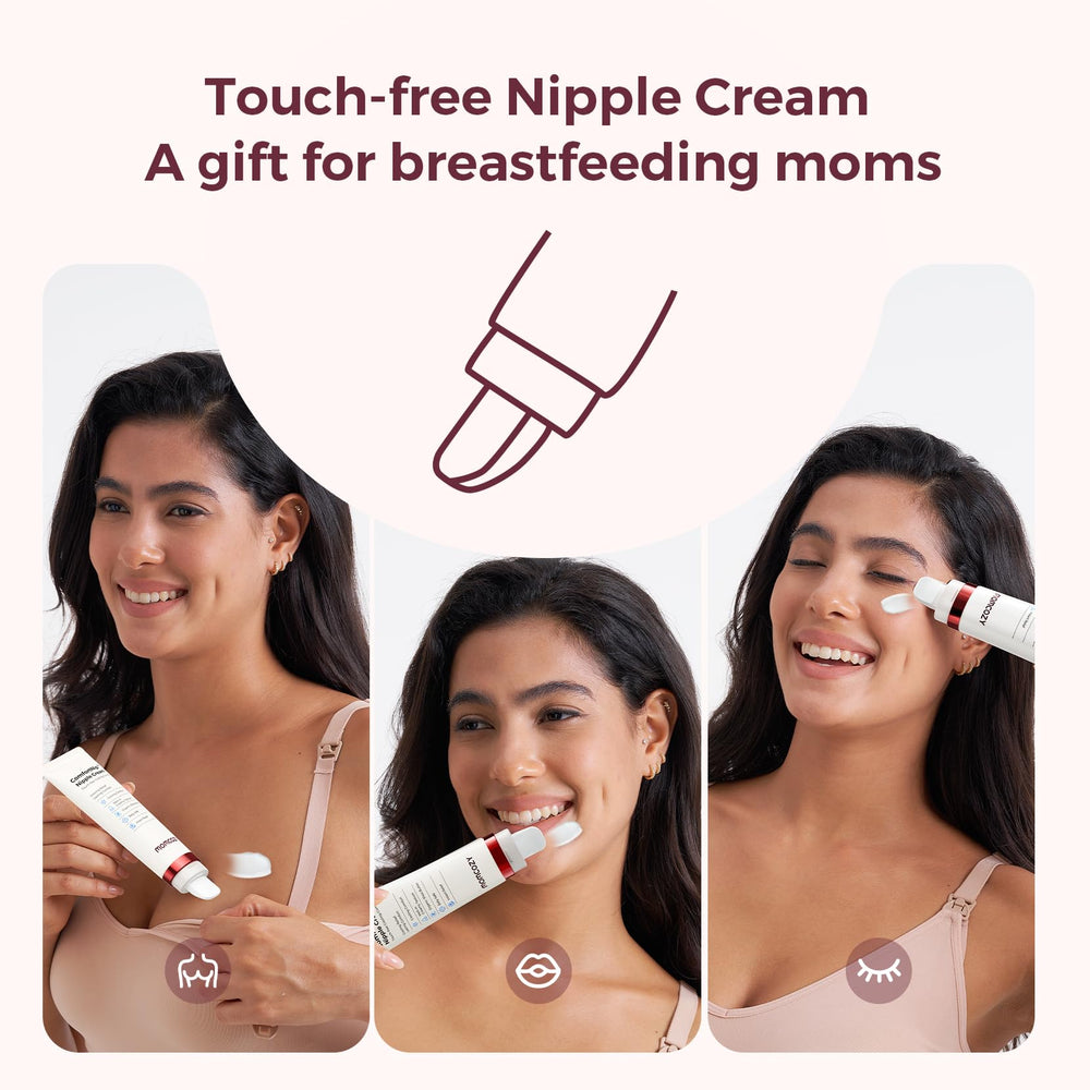 Momcozy ComfortNip cream texture shown; lightweight, fast-absorbing for daily comfort