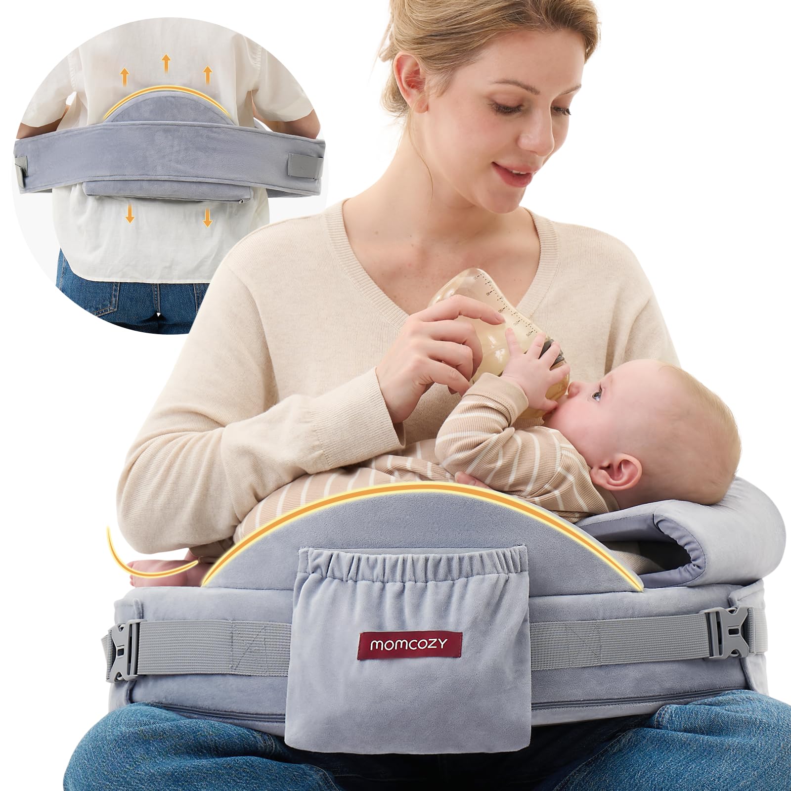 Momcozy CozyPro nursing pillow with lumbar support for comfortable feeding positions.