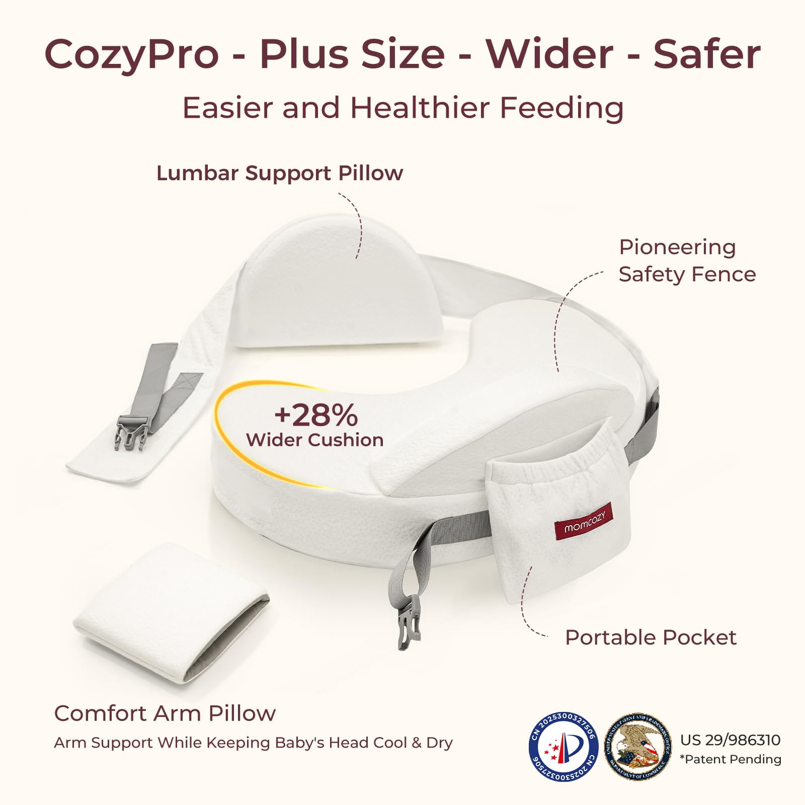 Momcozy CozyPro nursing pillow safety-guard cradles baby for secure feeding