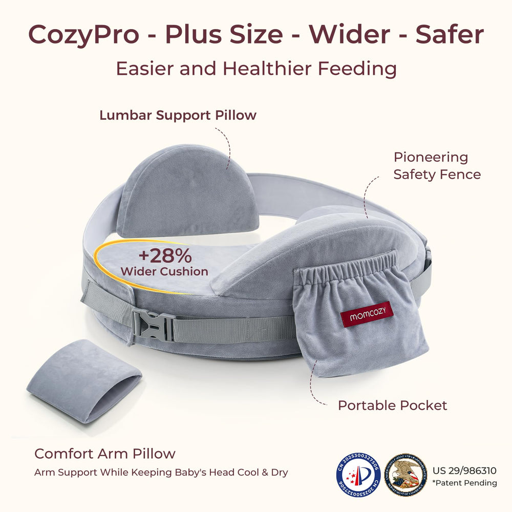 Momcozy CozyPro safety guard cradles baby to reduce slips while nursing.