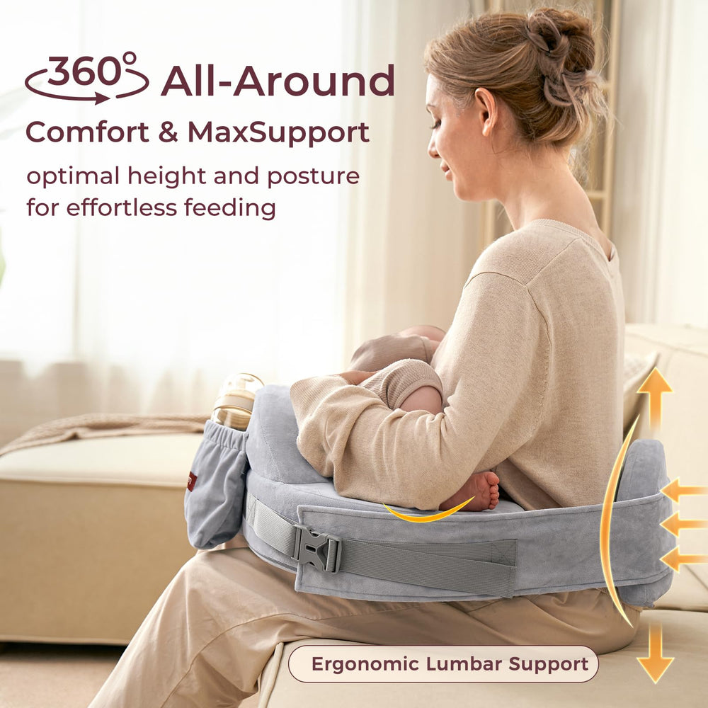 Momcozy CozyPro spacious nursing nest supports baby and arms during long feeds.