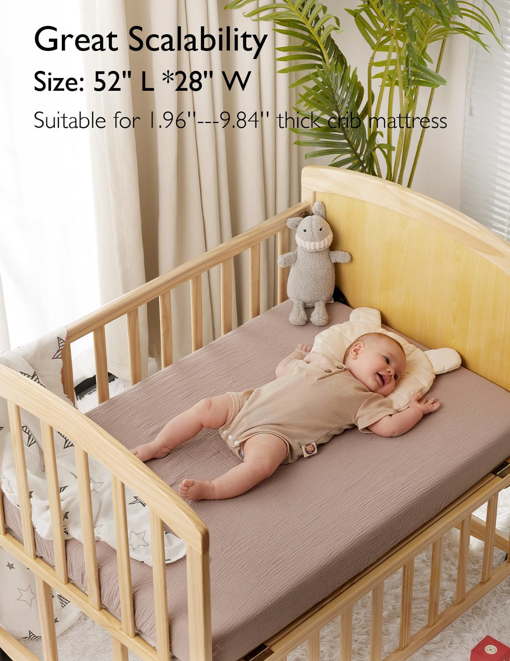 Momcozy crib sheet inner corners prevent ripping for durable wear.