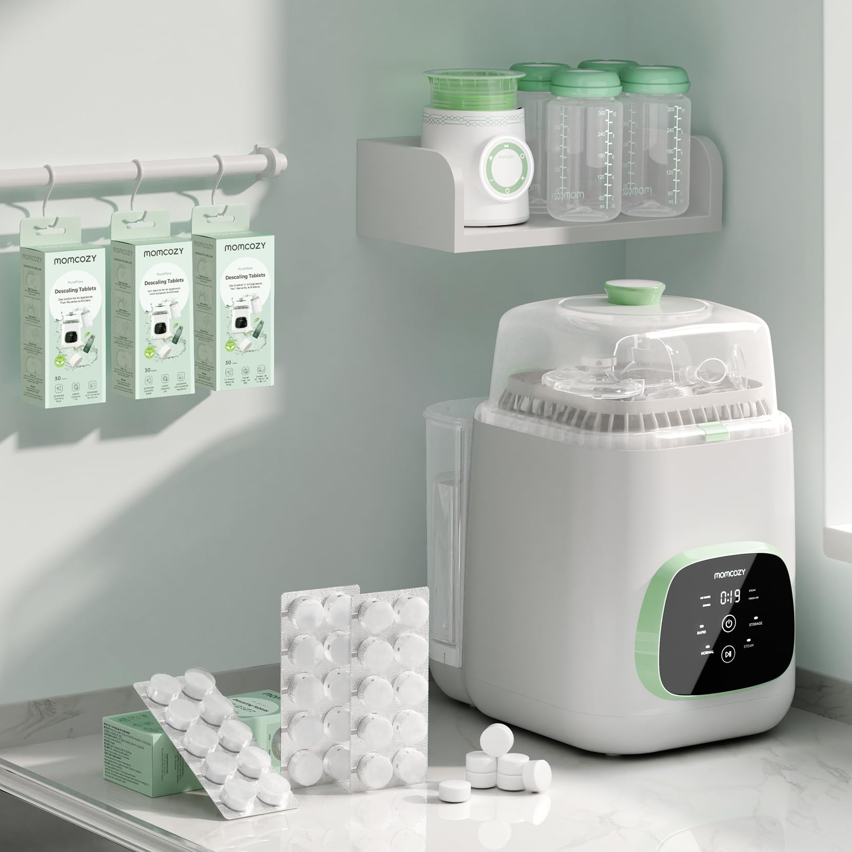 Momcozy descaling tablets demonstrating complete descale with clear bottle visuals
