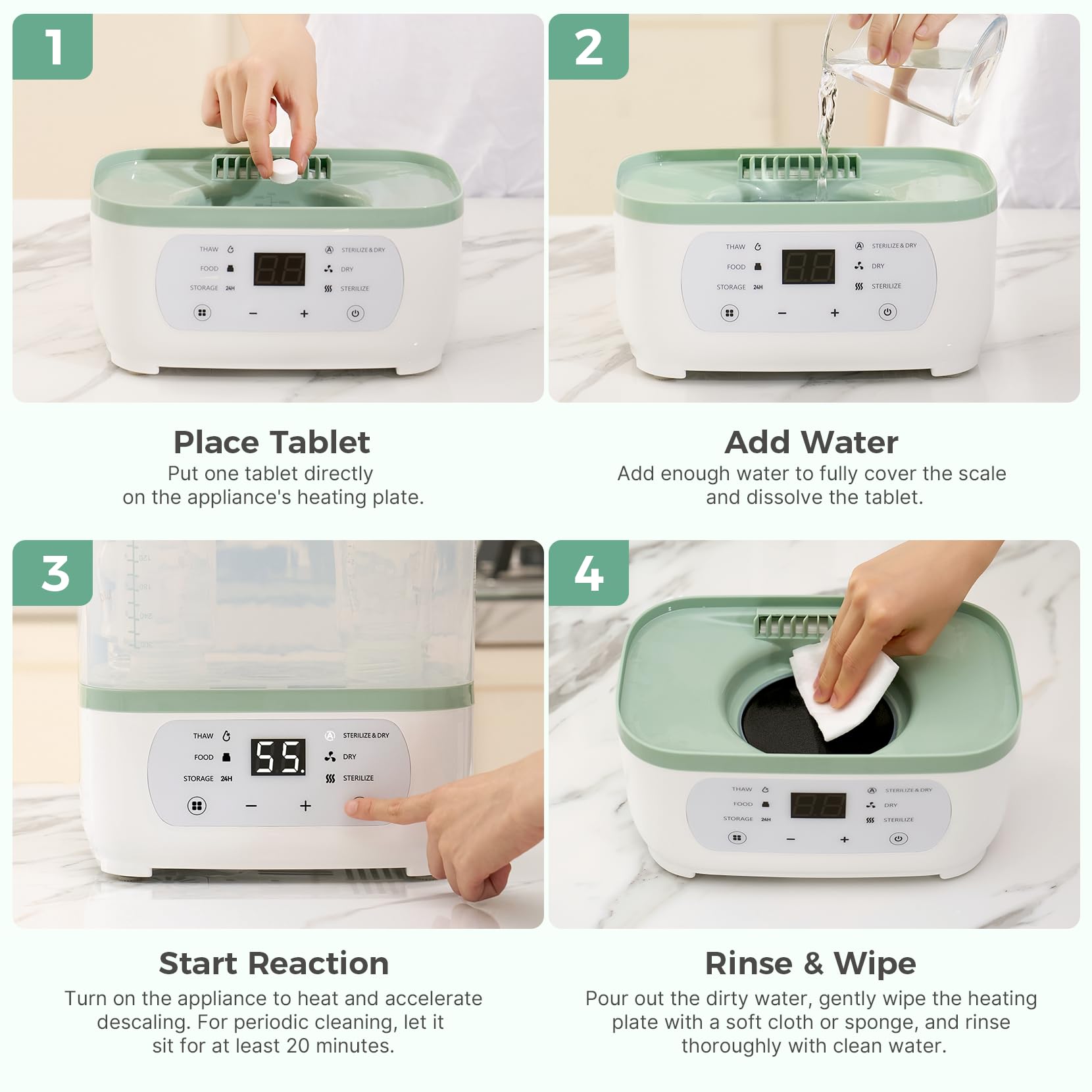 Momcozy descaling tablets shown with KleanPal Pro baby appliances for gentle descale