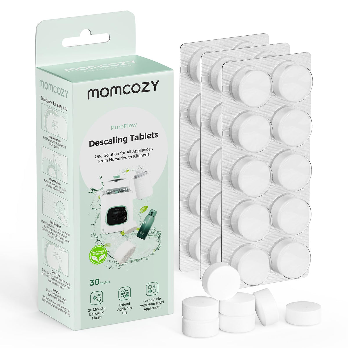 Momcozy descaling tablets close-up for KleanPal Pro bottle washer, removing mineral buildup