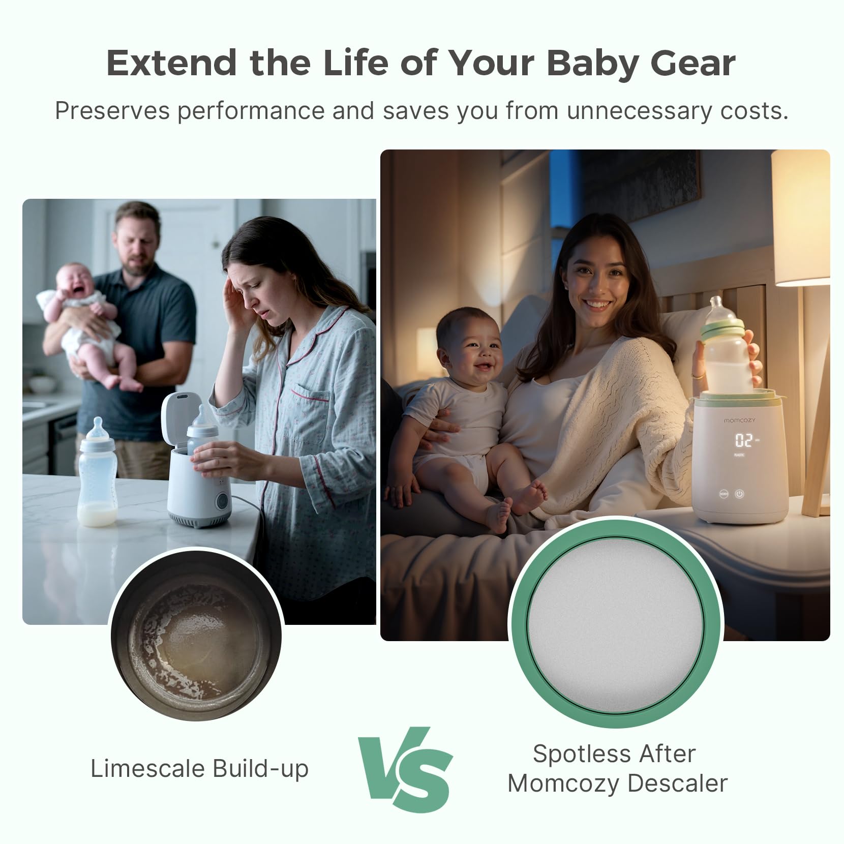 Momcozy descaling tablets removing limescale on appliance in side view