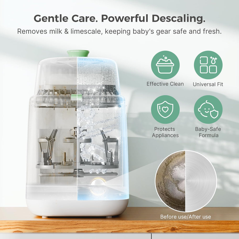Momcozy descaling tablets dissolving in water for quick baby gear maintenance