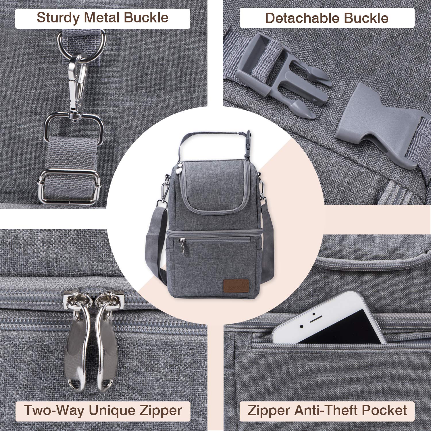 Momcozy detachable buckle and shoulder strap enables stroller hanging