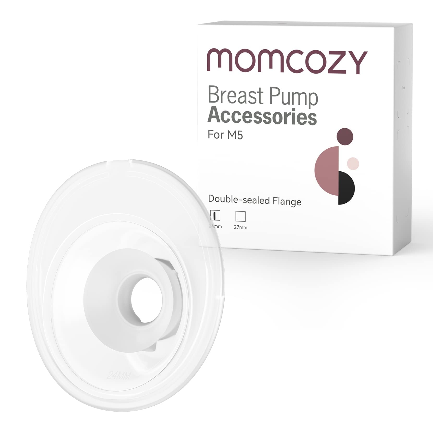 Momcozy double-sealed flange 24mm closeup for a snug, comfortable pumping fit.