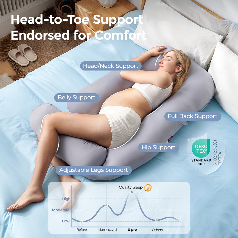 Momcozy Dreamlign U Pro pillow extended length 50-72 inches fits various body types.
