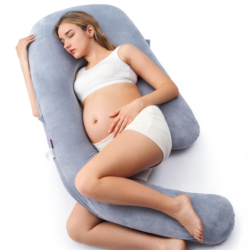 Momcozy Dreamlign U Pro pillow front view shows full-body support for restful sleep.