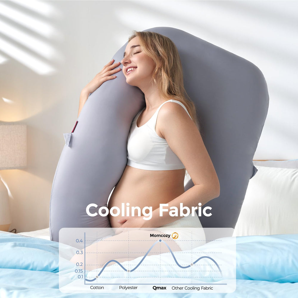 Momcozy Dreamlign U Pro pillow full assembly shows adjustable leg pillow for customizable angles.