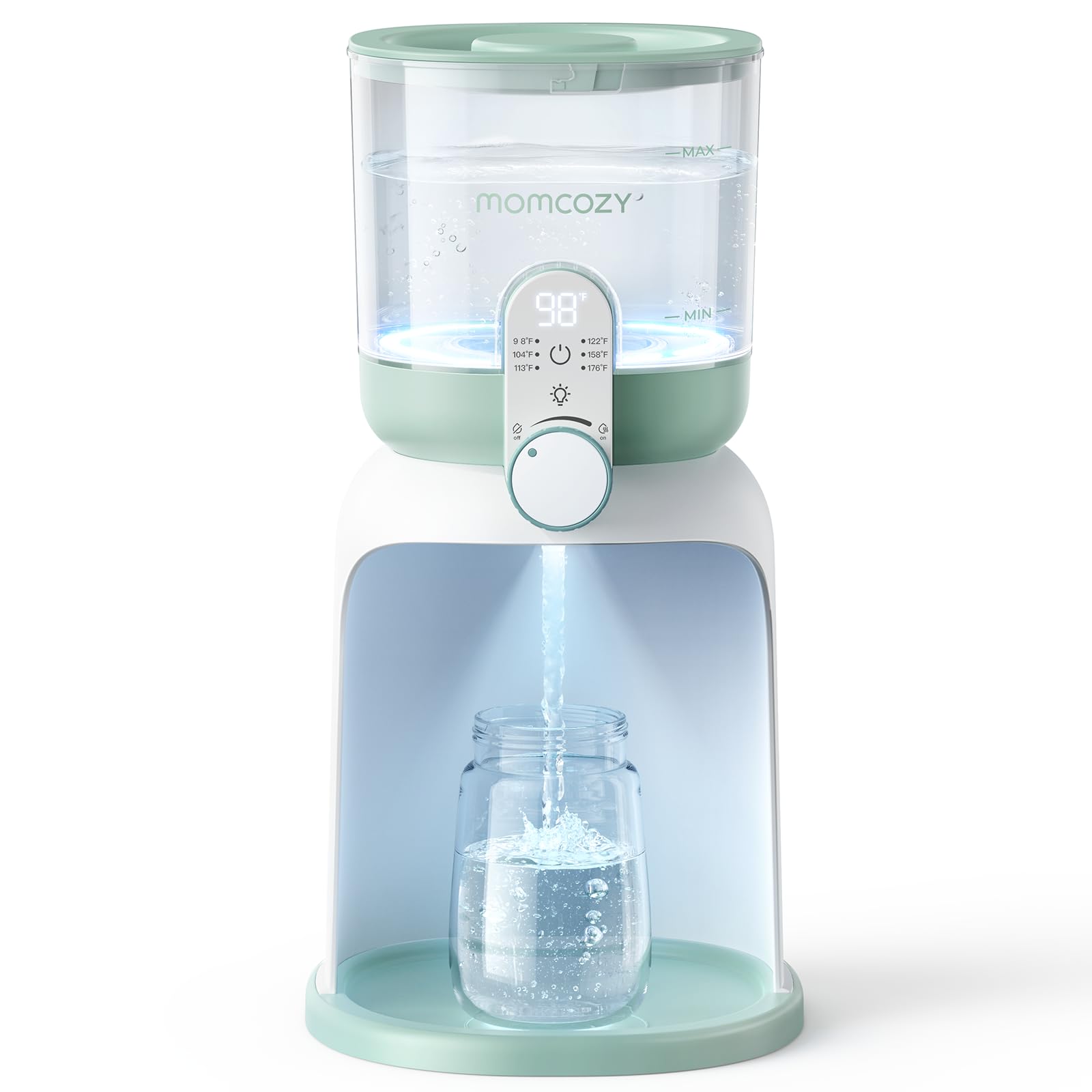 Momcozy dual lights water warmer with night illumination aiding quiet night bottle prep.
