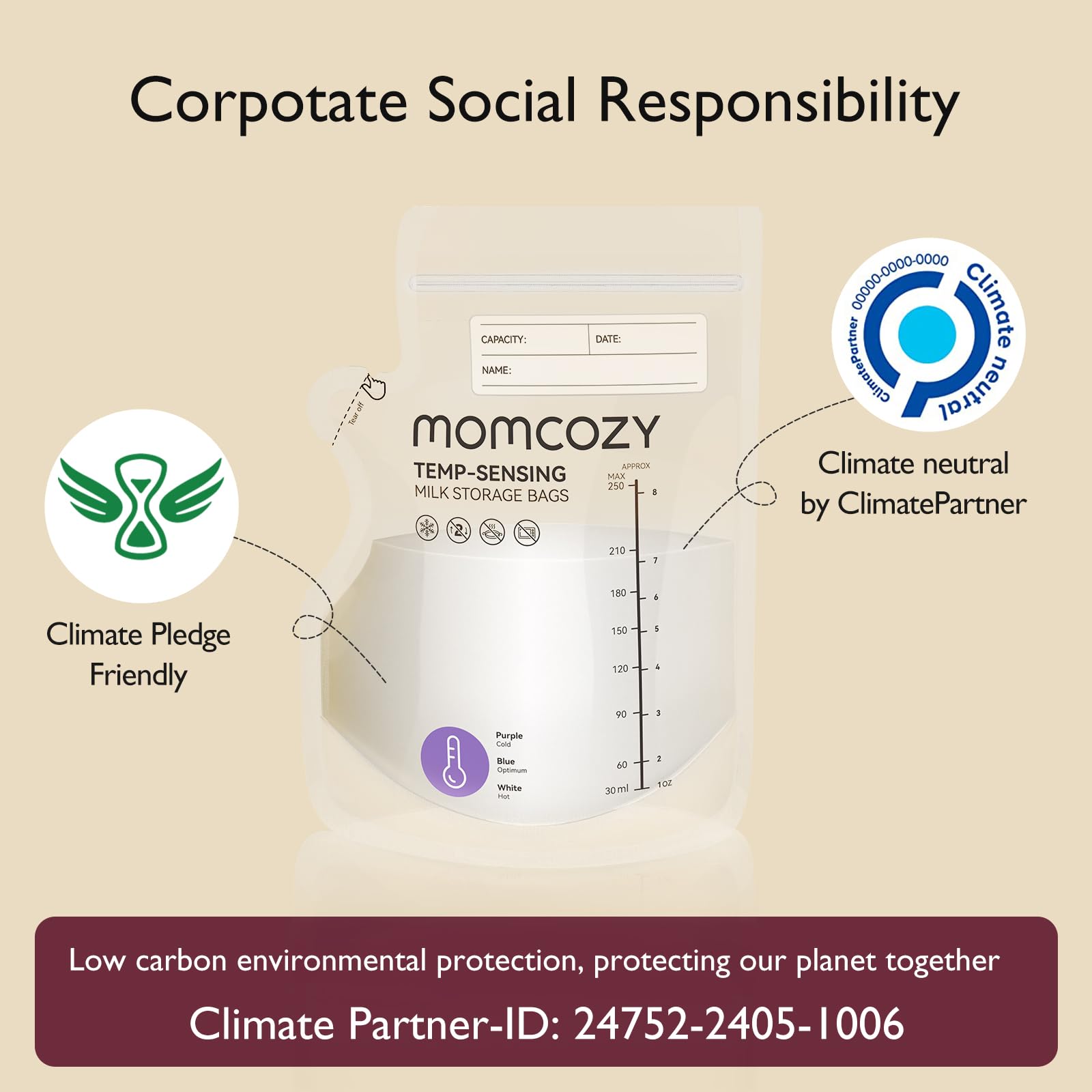 Momcozy Easy Pour recyclable packaging supports eco-friendly milk storage.