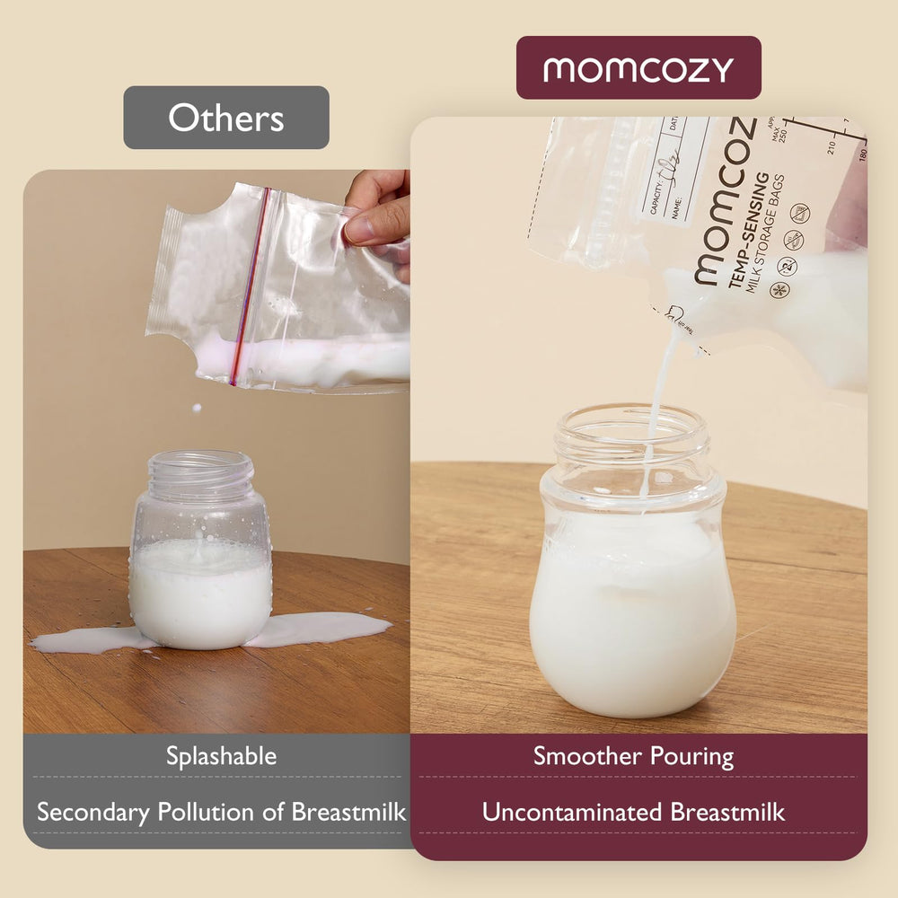 Momcozy Easy Pour bag side spout enables neat pouring without spills.