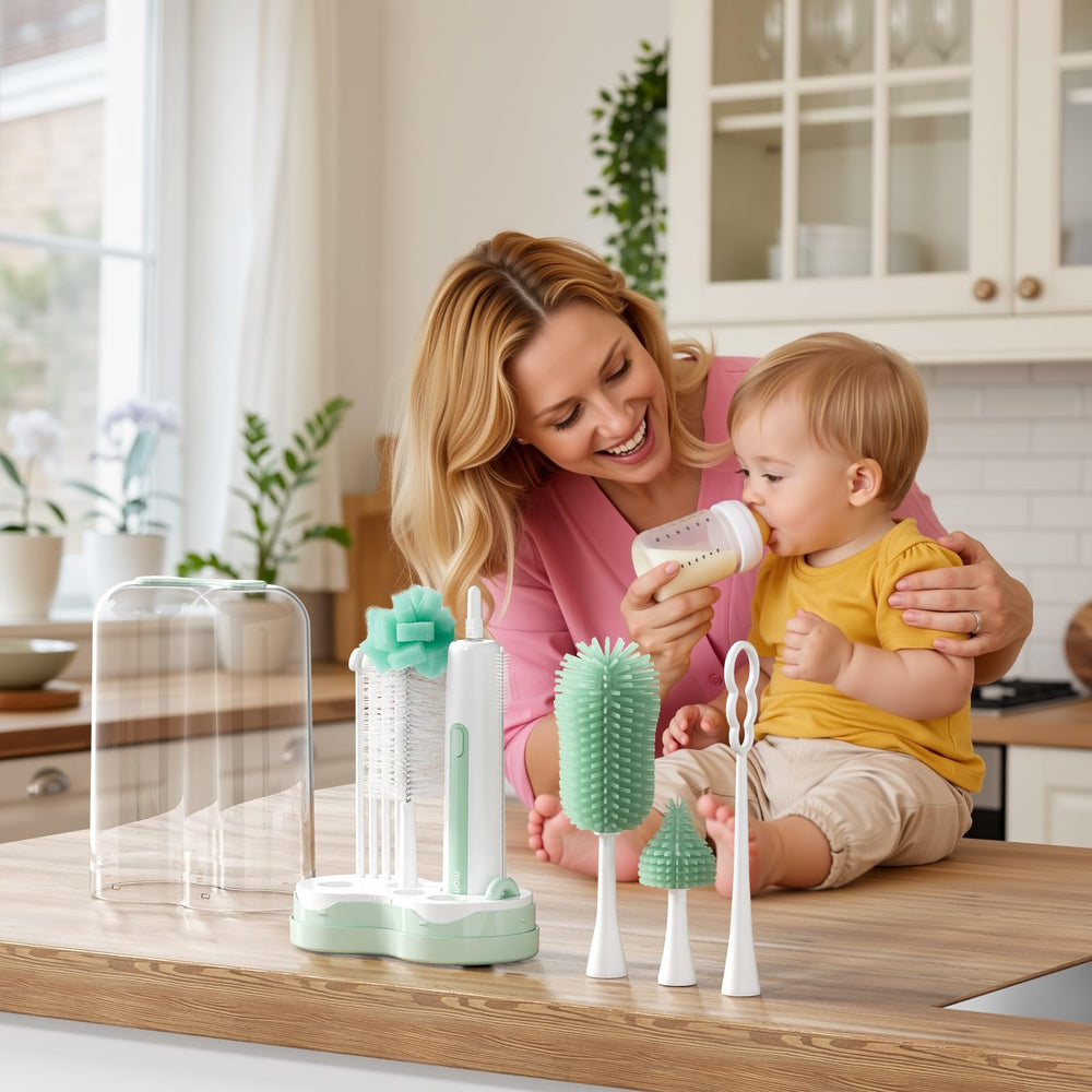 Momcozy electric bottle brush with silicone head delivering efficient scrubbing.