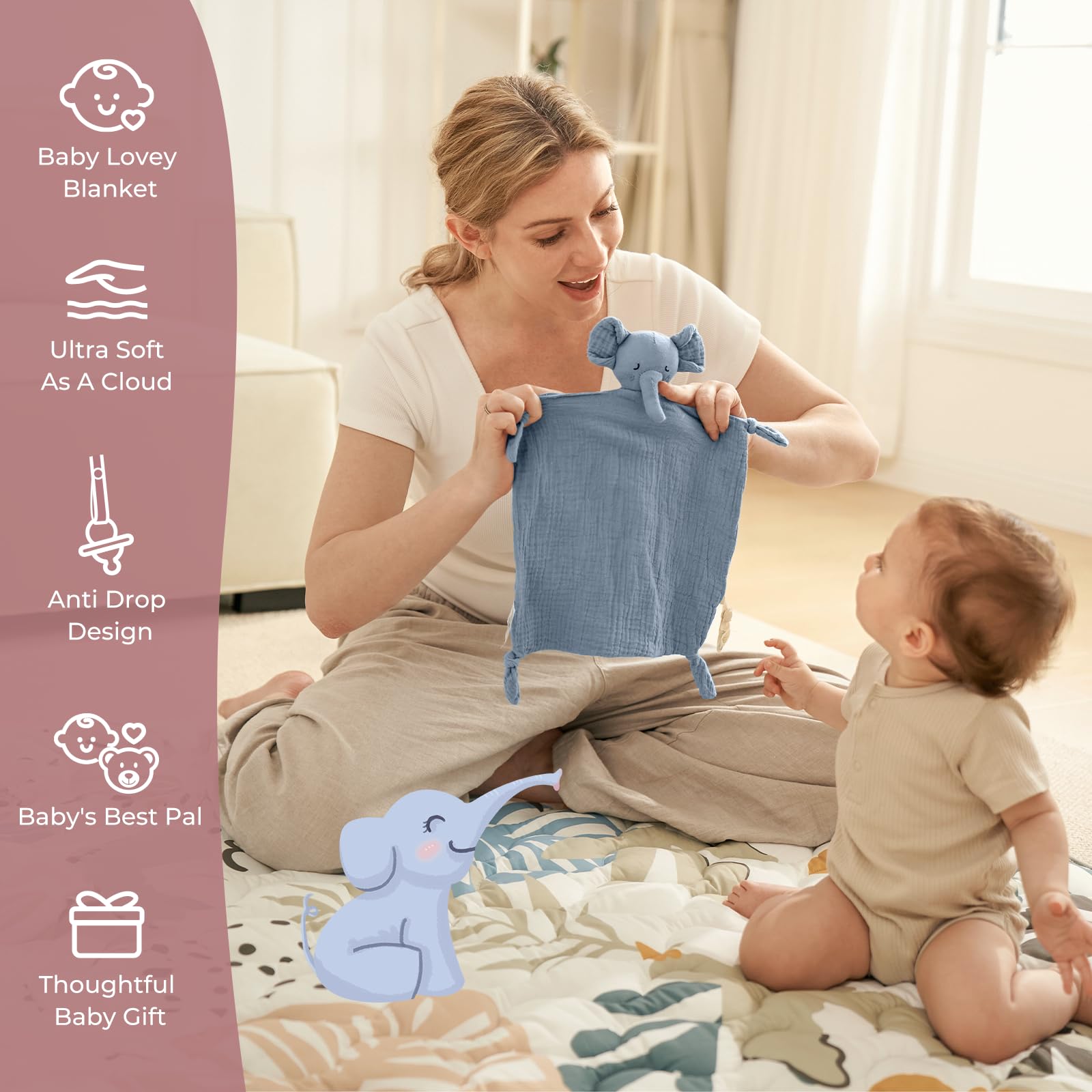 Momcozy Elephant Lovey fabric closeup highlights breathable cotton for baby comfort.