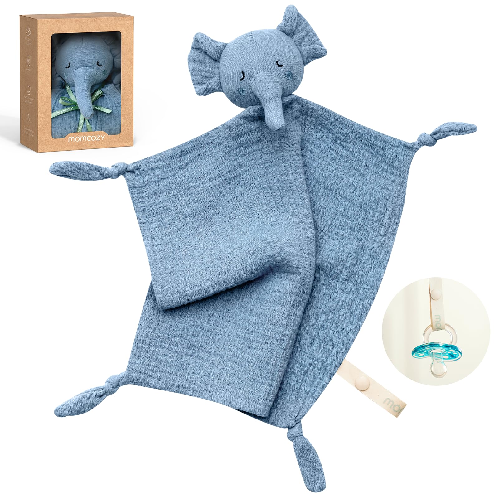 Momcozy Elephant Lovey head closeup demonstrates soft cotton for gentle snuggles.