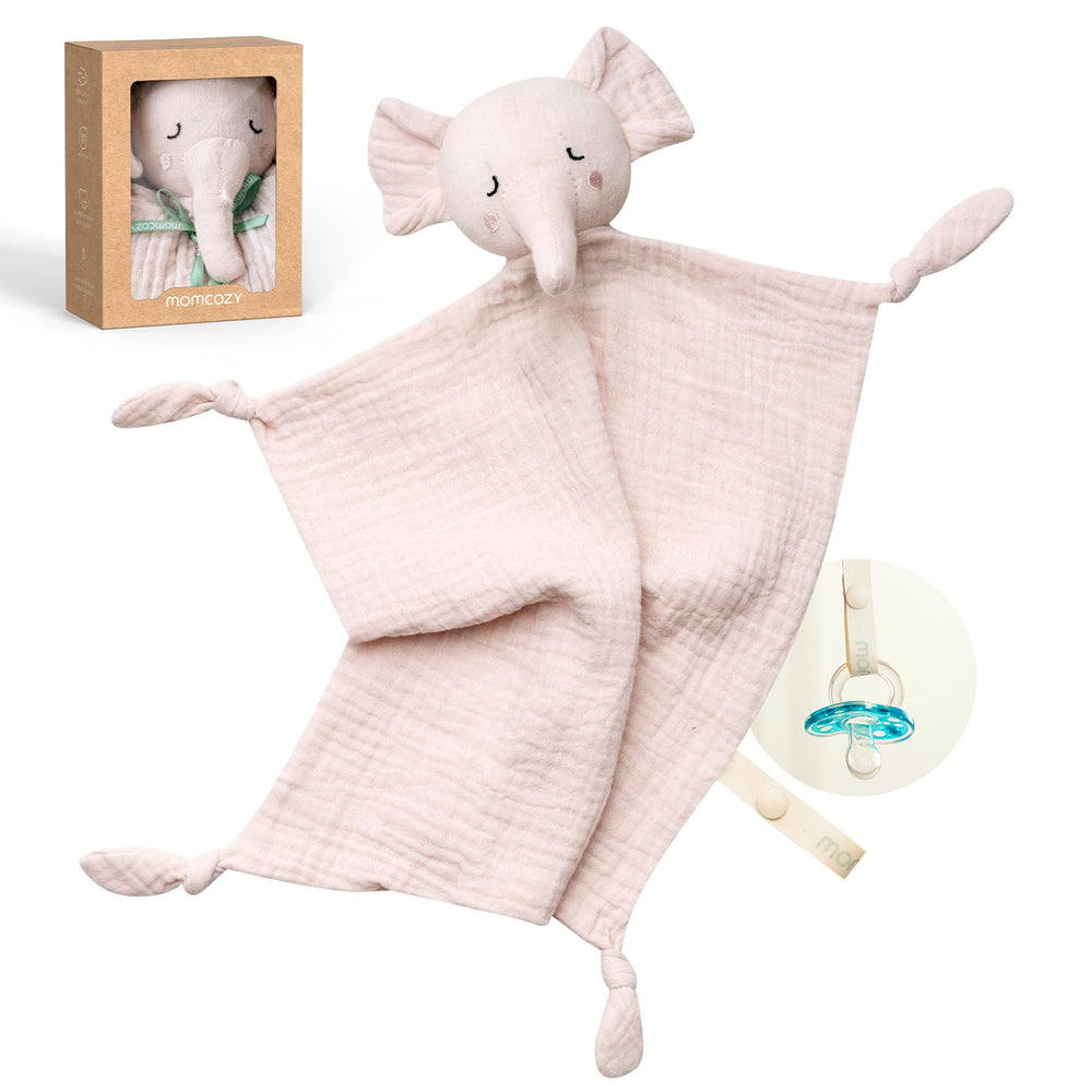 Momcozy Elephant Lovey pink head close-up highlighting soft cotton texture for newborn comfort and security
