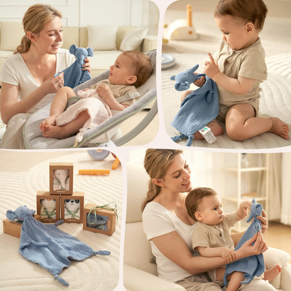 Momcozy Elephant Lovey infant-friendly moment with a baby holding it.