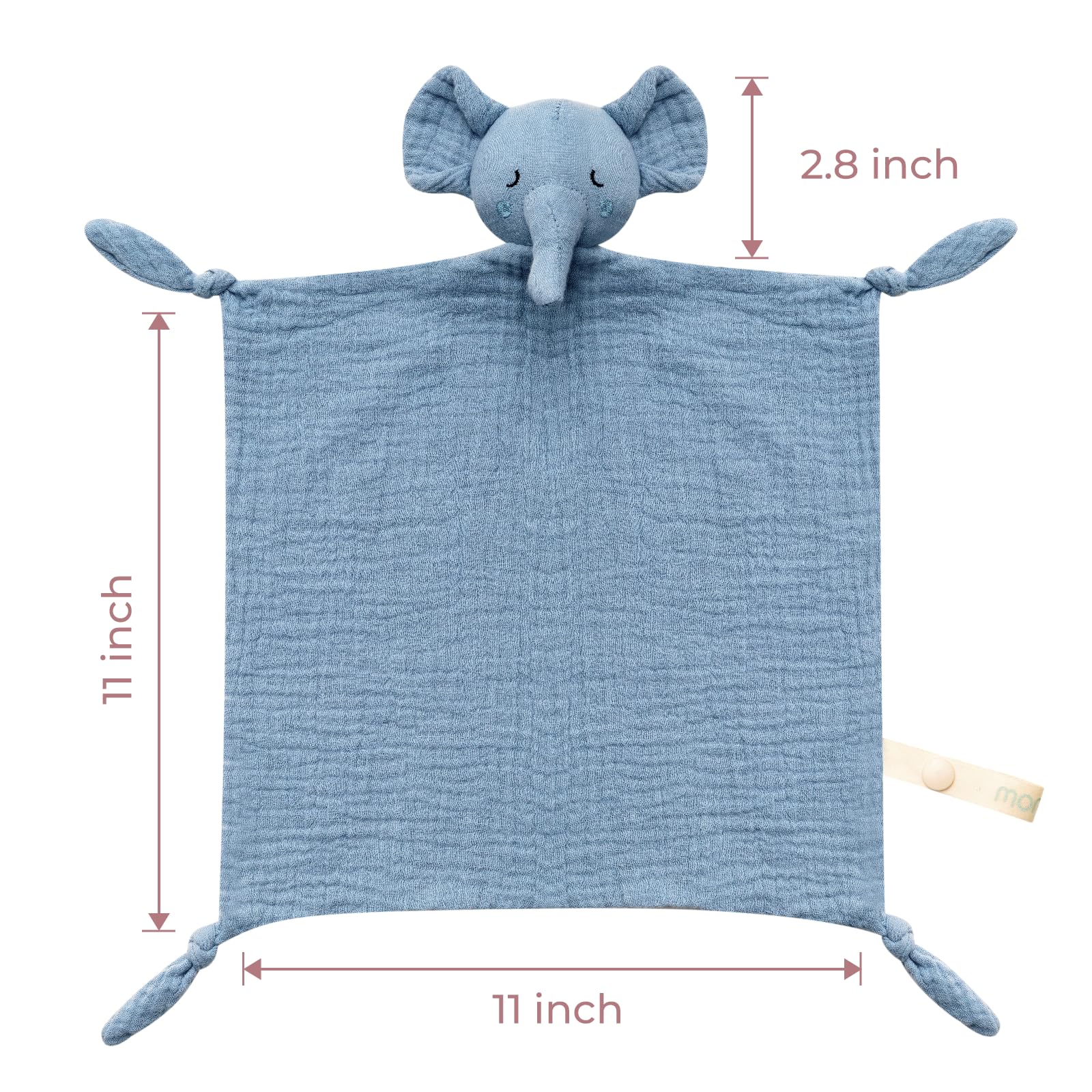 Momcozy Elephant Lovey laid on crib, highlighting portable soothing companion.