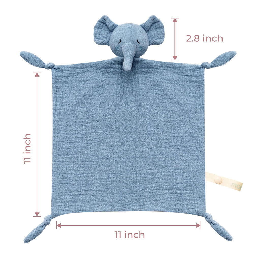 Momcozy Elephant Lovey laid on crib, highlighting portable soothing companion.