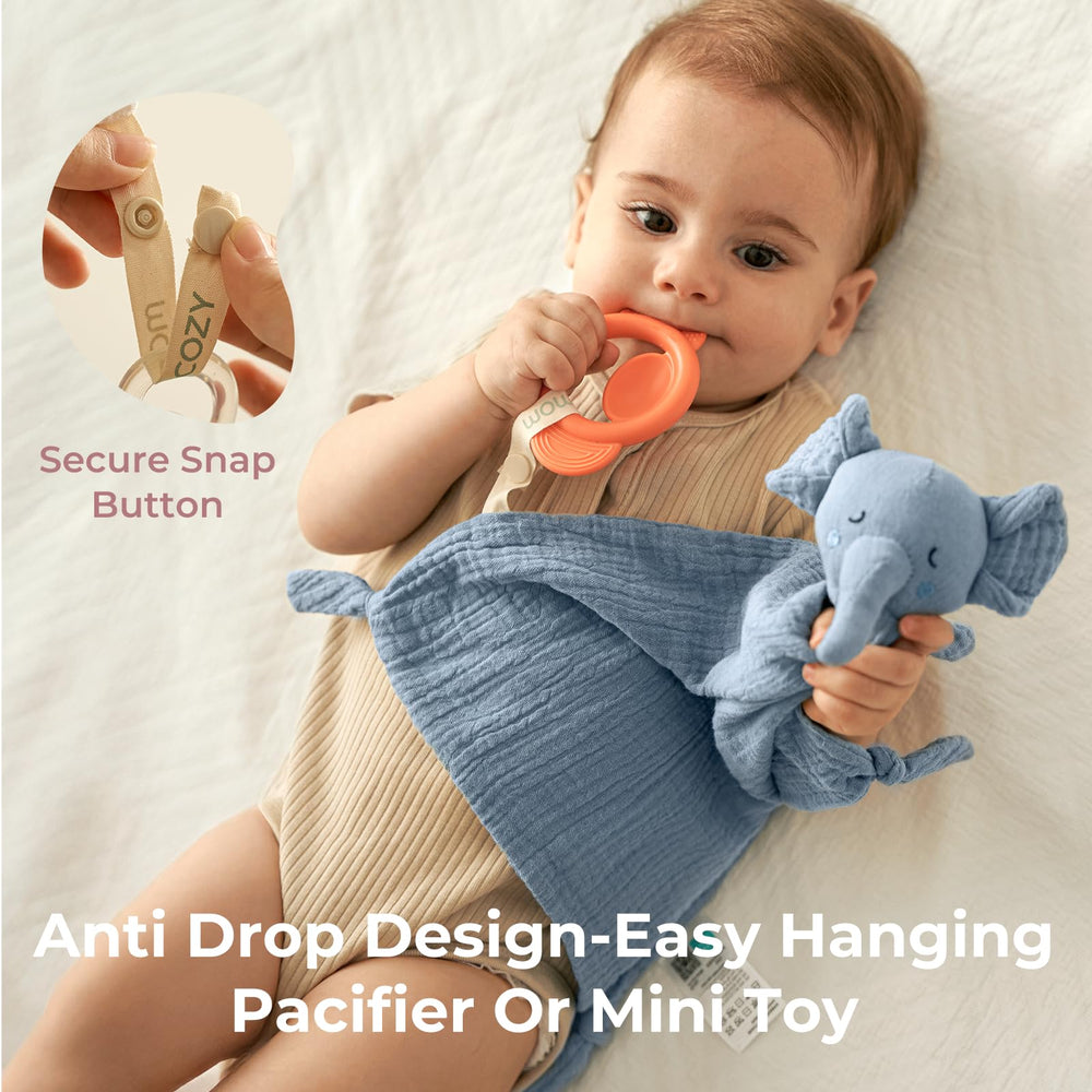 Momcozy Elephant Lovey pacifier loop shown, aiding pacifier security at night.