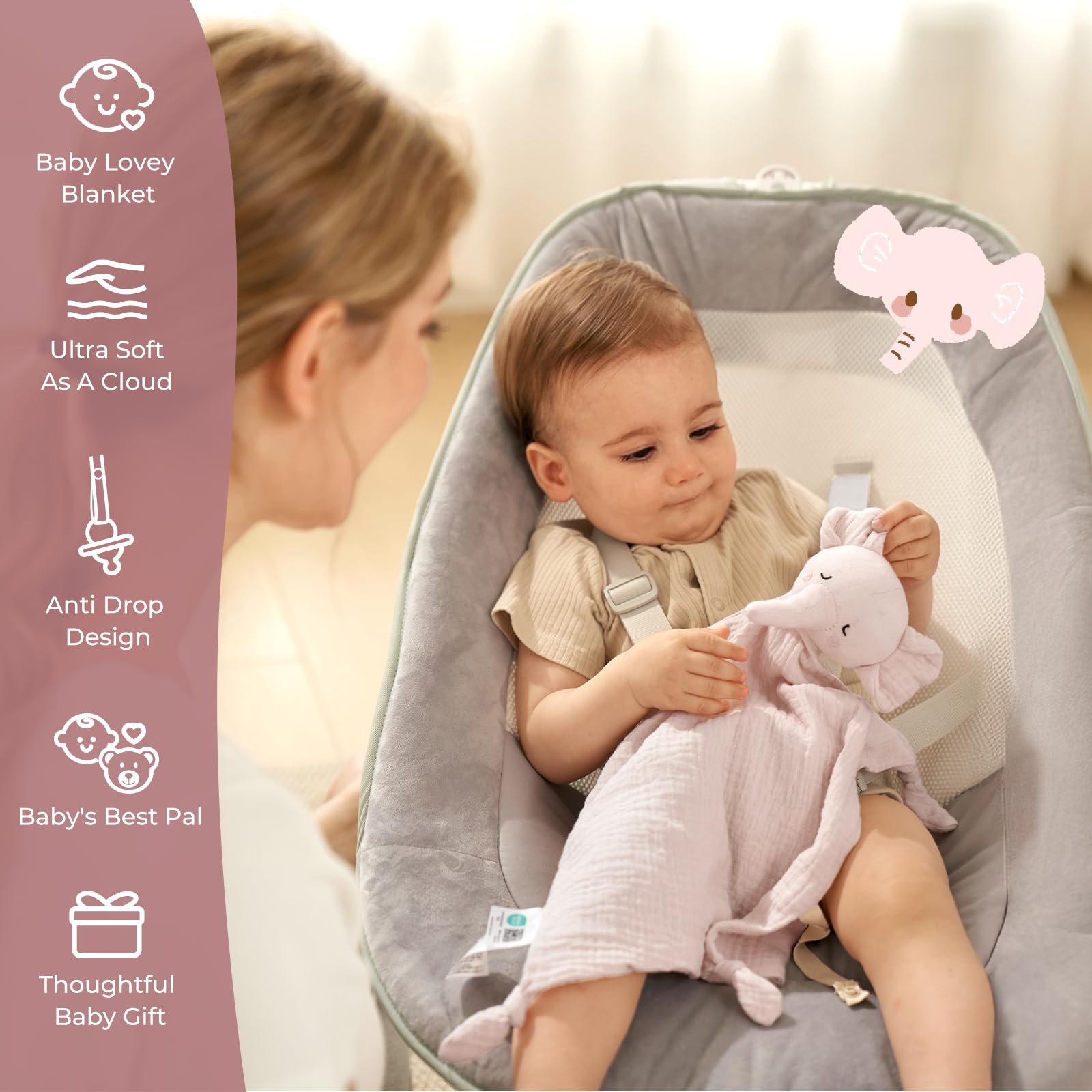Momcozy Elephant Lovey pacifier loop shown for easy pacifier access