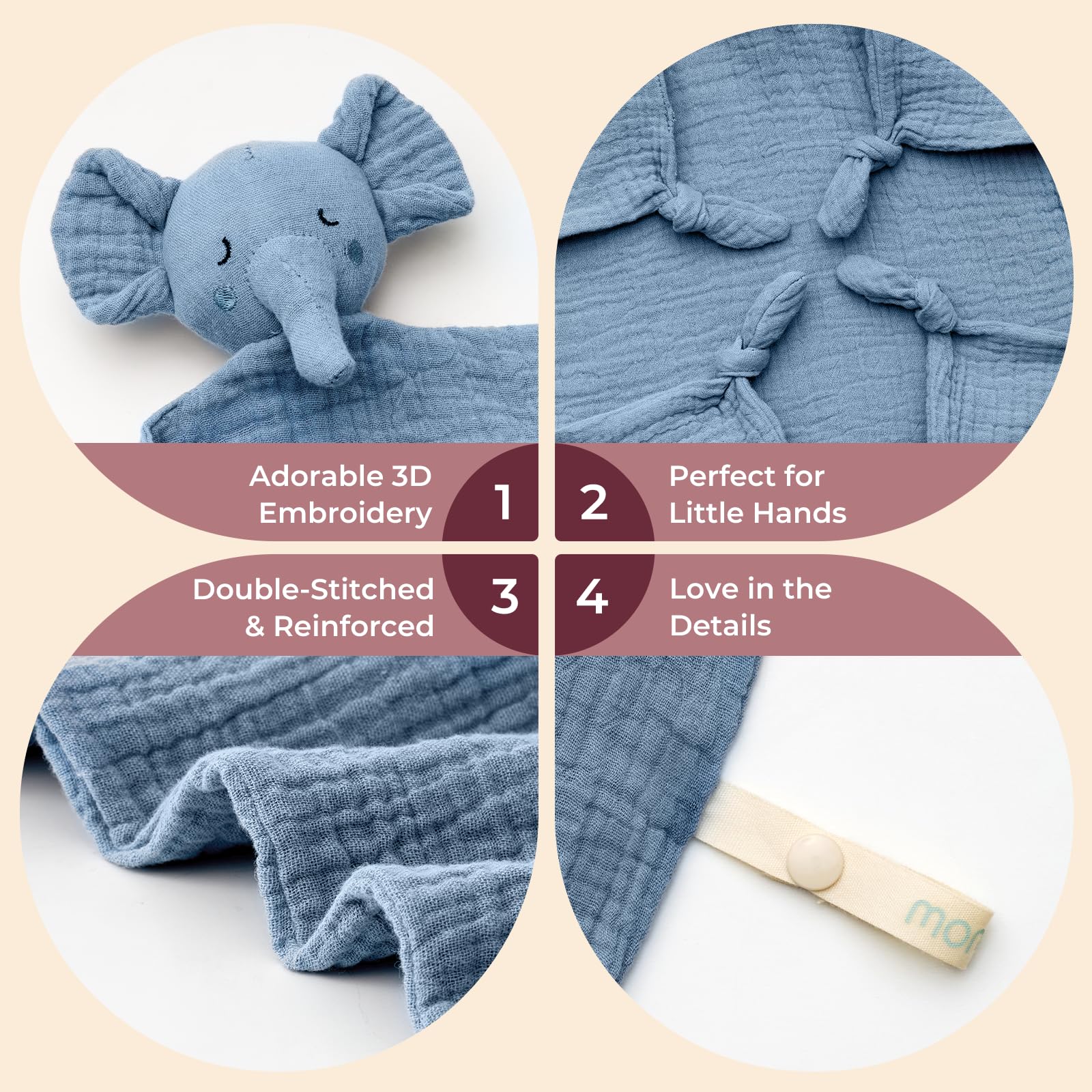 Momcozy Elephant Lovey stroller attachment loop shown for on-the-go comfort.